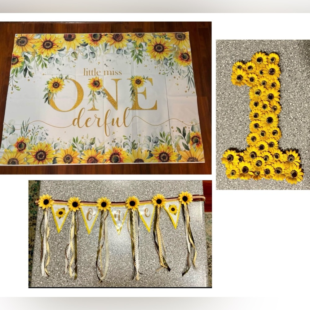 7’x5’ backdrop sunflowers first birthday with #1 sign decor & high chair banner